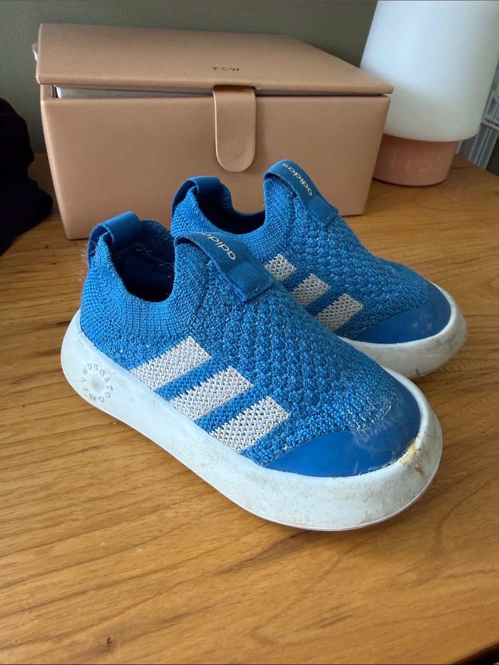 adidas Kids Bright Blue Knit Slip-On Sneakers with White Stripes 6.5 toddler